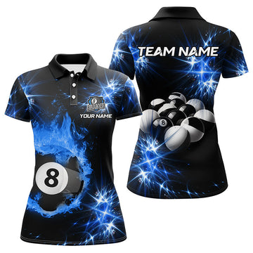 Custom Blue Flame Billiard 8 Ball Women's Polo Shirt T1352
