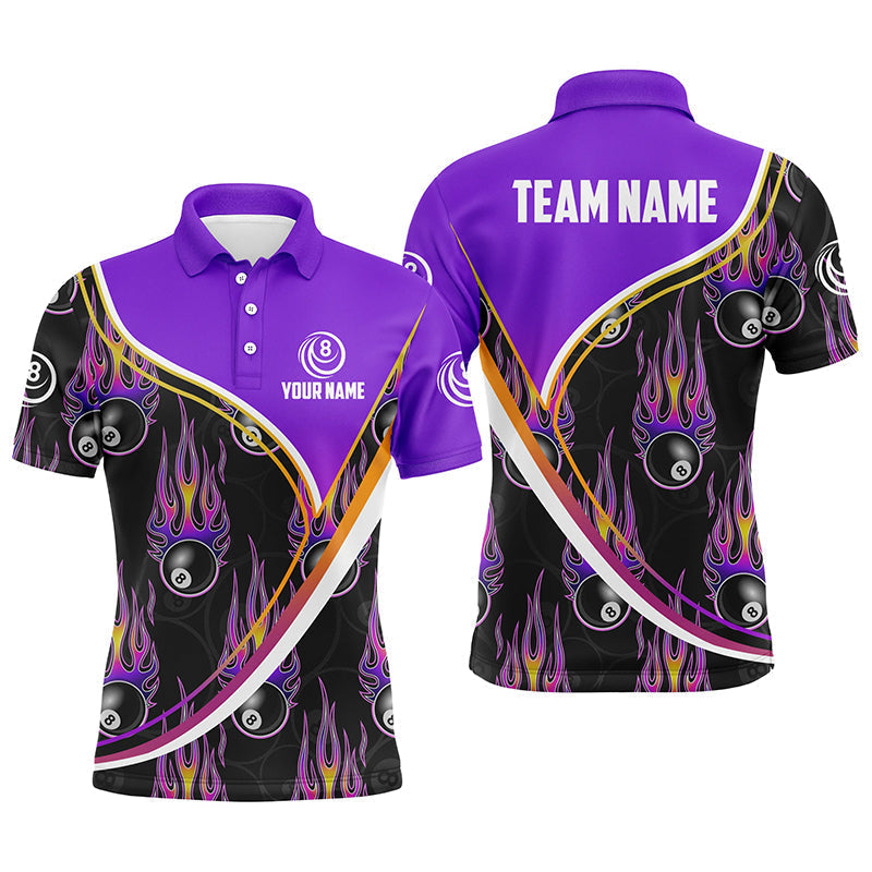 Personalised Purple Black 3D Billiard Polo Shirt for Men - Custom Name Flaming 8 Ball T0268