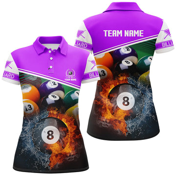 Women's 3D Billiard 8 Ball Polo Shirt - Fire & Water Design T1072