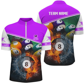Men's 3D Fire & Water Billiard 8 Ball Quarter-Zip Shirt T1072