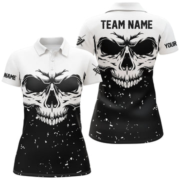 Women's Black & White Skull Billiards Polo Shirt T0704