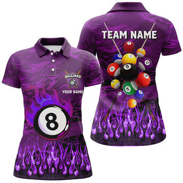 Custom Purple 3D Fire Flame Billiard Polo Shirt for Women T1413