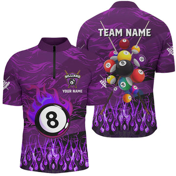 Men's Custom Purple Flame 3D Billiard Quarter-Zip Shirt T1413
