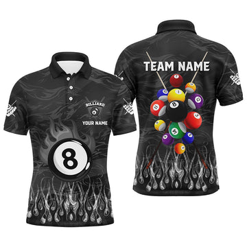 Custom Black 3D Fire Flame Billiard Polo Shirt for Men T1414