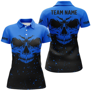 Women's Black & Blue Skull Billiard Polo Shirt T0734