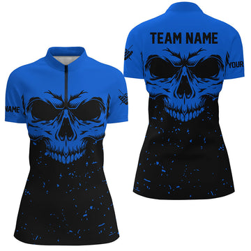 Women's Black & Blue Skull Billiards Quarter-Zip Shirt T0734
