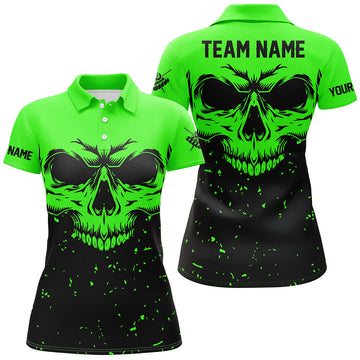 Women's Black Green Skull Billiard Polo Shirt T0735