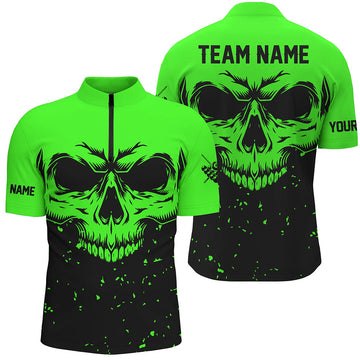 Men's Grunge Black & Green Skull Billiard Quarter-Zip Shirt T0735