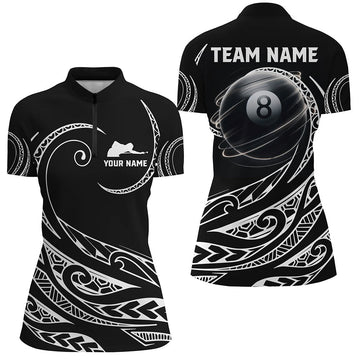 Women's Black & White Tribal 8 Ball Pool Quarter-Zip Shirt T1454