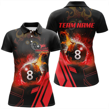 Billiard 8 Ball Flame Red Women's Polo Shirt - Custom Pool Team Jersey T0382