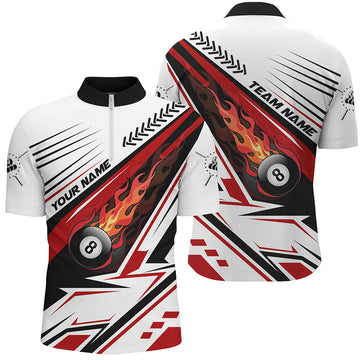 Men's Custom Red Flaming 8 Ball Pool Quarter-Zip Shirt T0444