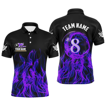 Men's Purple Flaming 8-Ball Pool Polo & 1/4 Zip Shirt T2435
