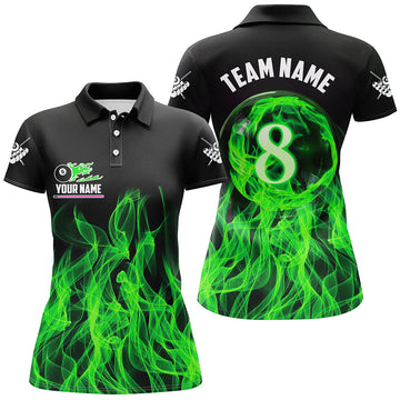 Green Flaming 8-Ball Pool Women's Polo & 1/4 Zip Shirts T2436