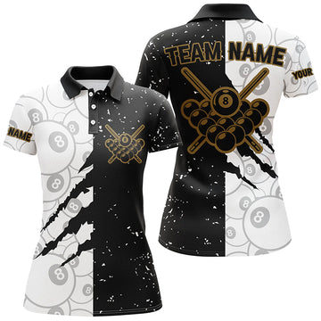 Women's Black and White Grunge 8 Ball Pool Polo Shirt T0730
