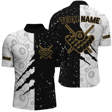 Men's Black & White Grunge 8 Ball Pool Quarter-Zip Shirt T0730