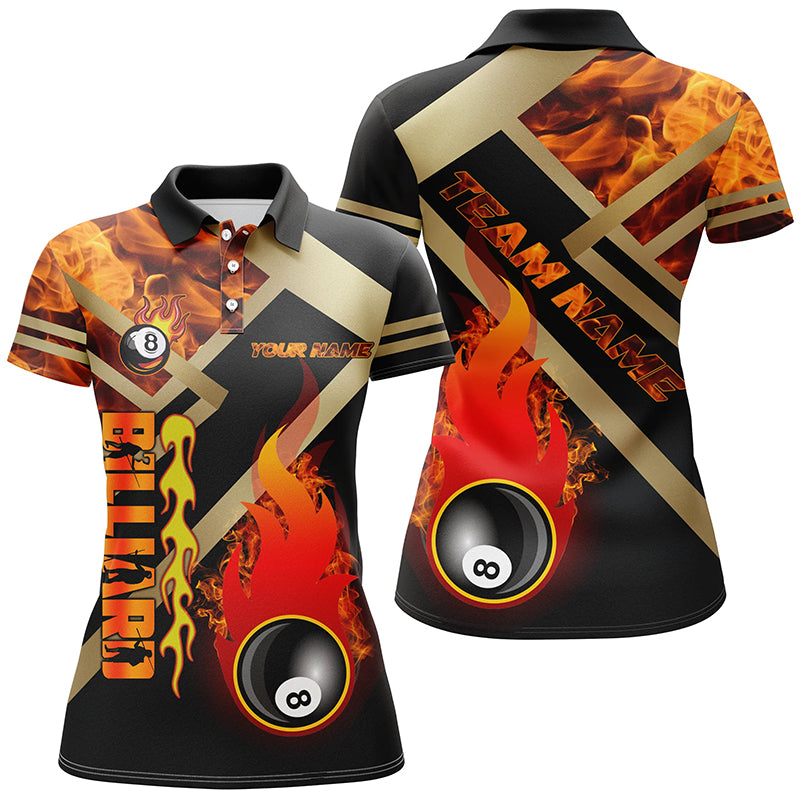 Custom 3D Printed Women’s Billiard Polo - 8 Ball Flame Design T1329