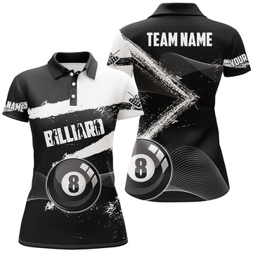 Women's Black Grunge 8-Ball Billiard Polo Shirt T0663