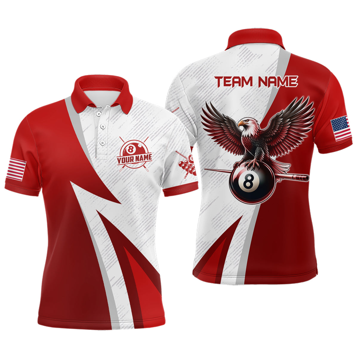 Personalised Red Pool Polo Shirt for Men - 8 Ball Eagle Design T1070