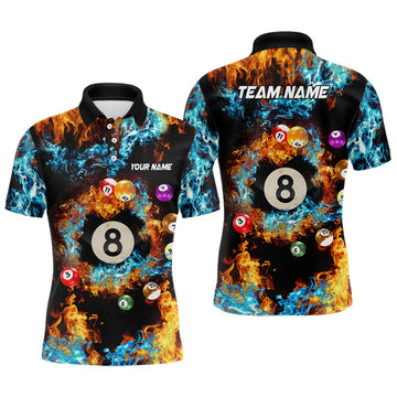 Billiard 3D Polo Shirt for Men - Custom Fire & Water 8 Ball Pool Team T0546