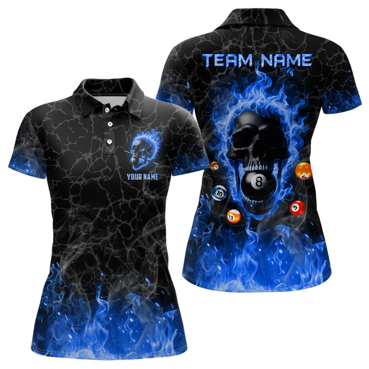 Billiards Flame Skull Pool Shirt for Women | Blue T2011