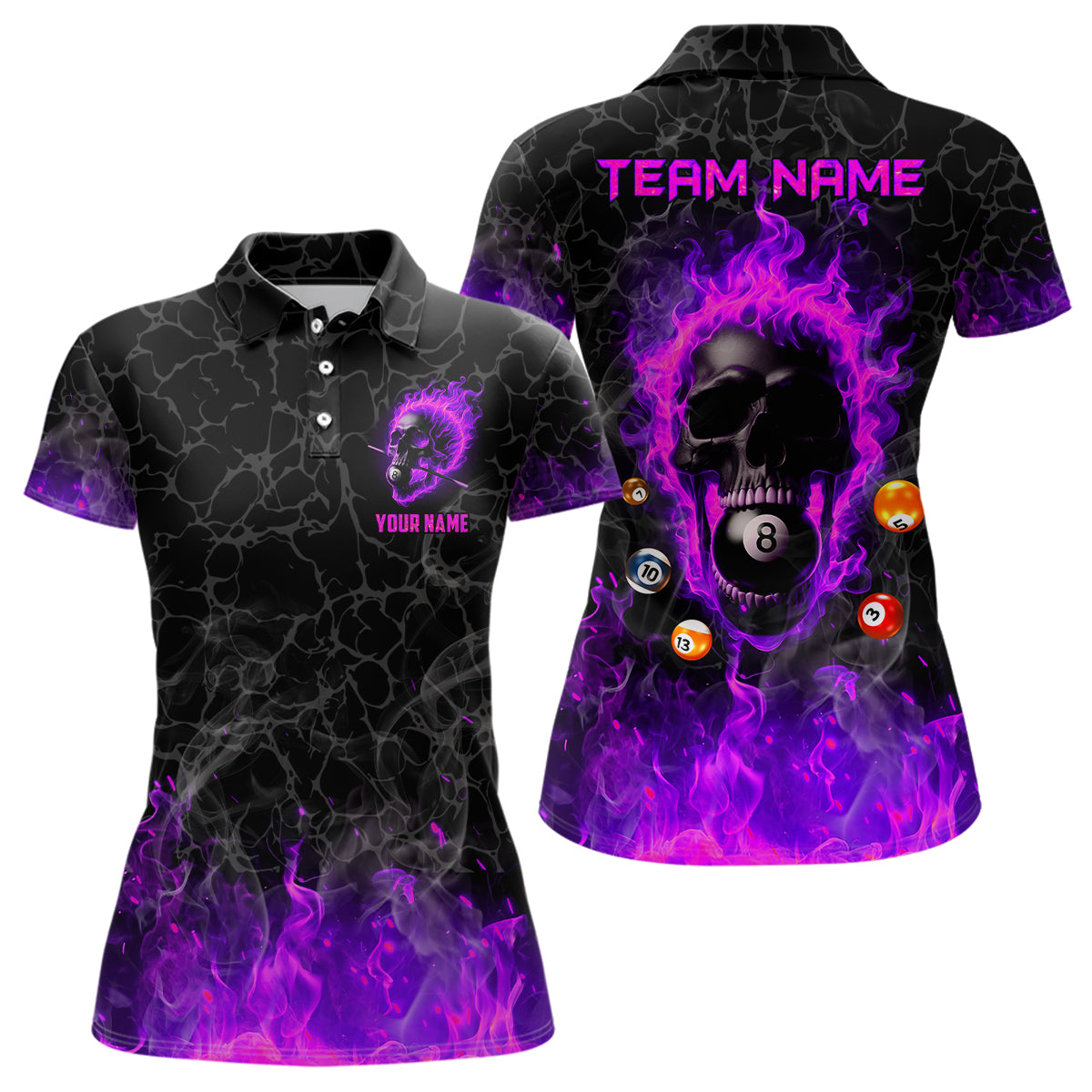 Billiards 8 Ball Flame Skull Pool Shirt for Women - Purple T2012