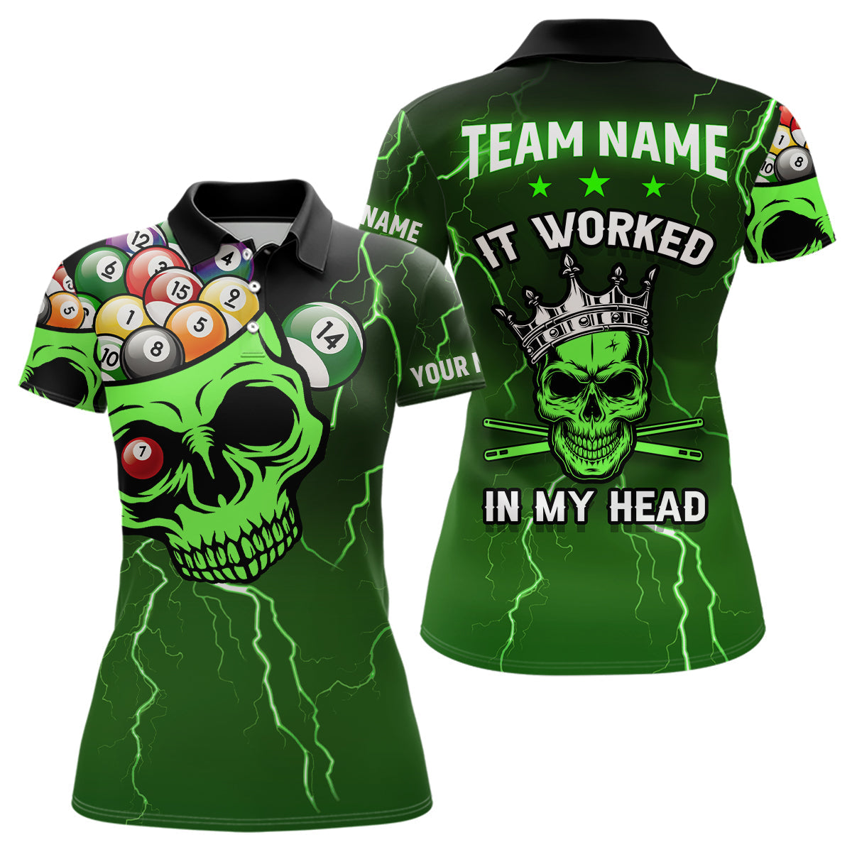 3D Skull Billiards Polo Shirt for Women - Green T0361