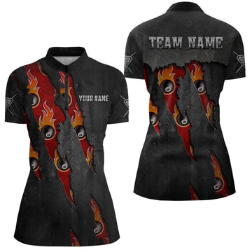Custom Flaming 8 Ball Women's Quarter-Zip Billiard Shirt T0603