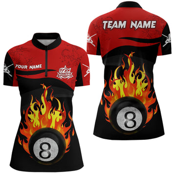 Women's Black and Red 8 Ball Pool Flame Quarter-Zip Shirt T0398