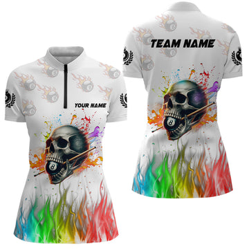 Personalised Women's Colourful Skull Billiard Quarter-Zip Shirt T1124