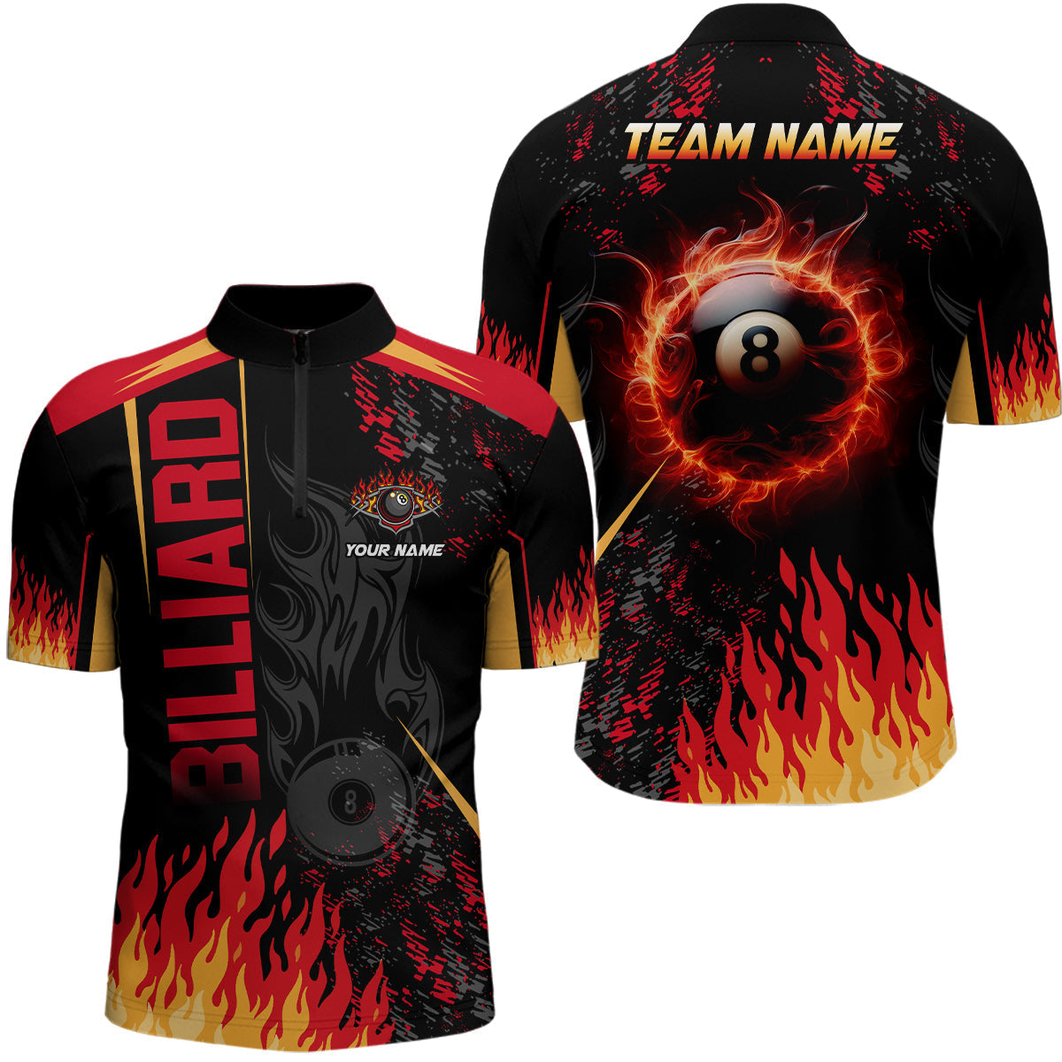 Men's 3D Flame Billiard Ball 8 Quarter-Zip Shirt T0417