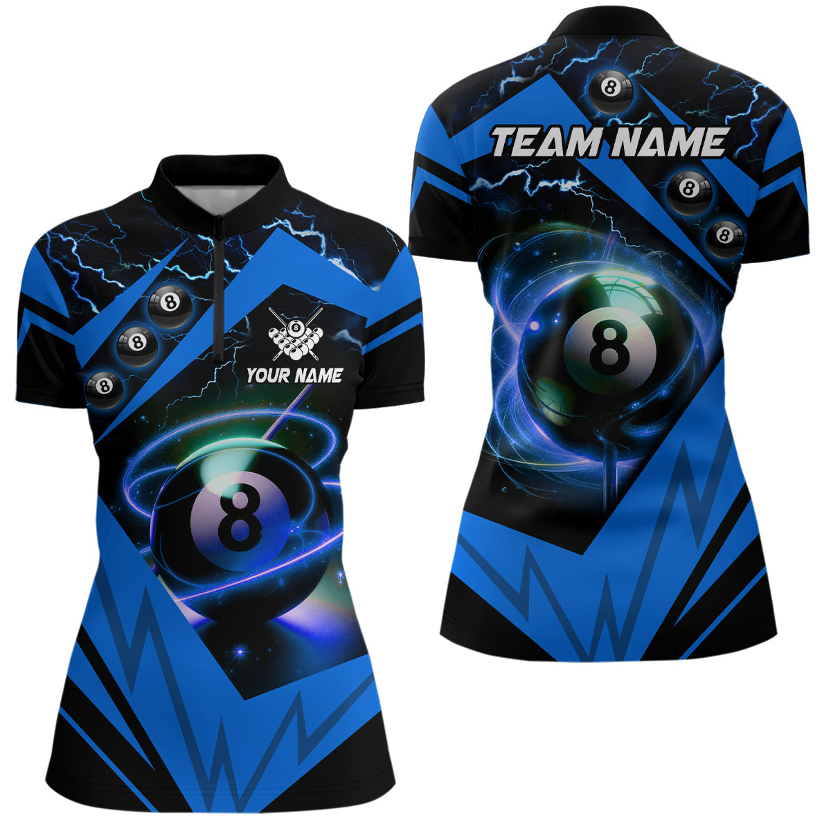 Women's Custom Blue 8 Ball Pool Quarter-Zip Jersey T990