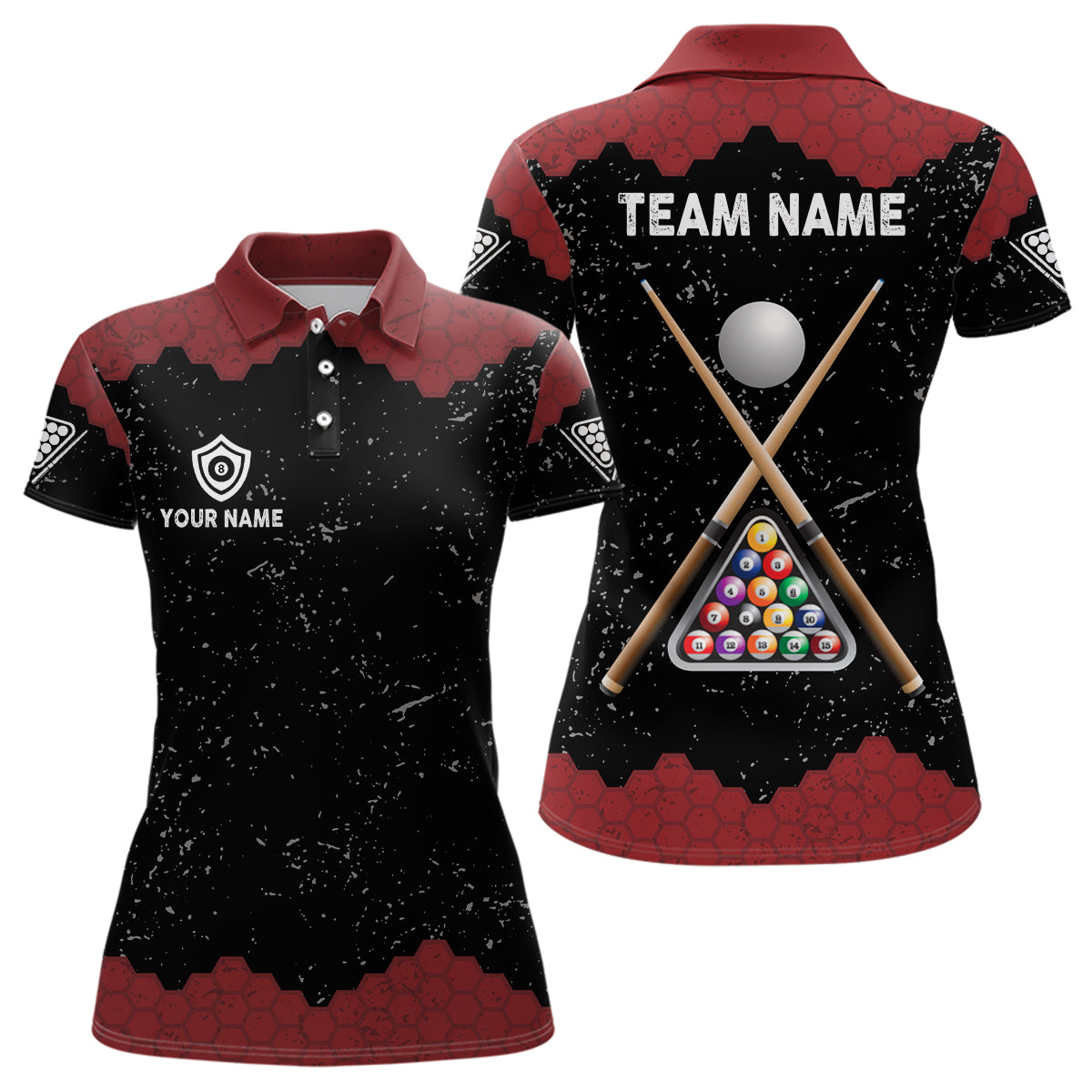 Custom Black & Red Grunge Billiards Polo Shirt for Women T0232