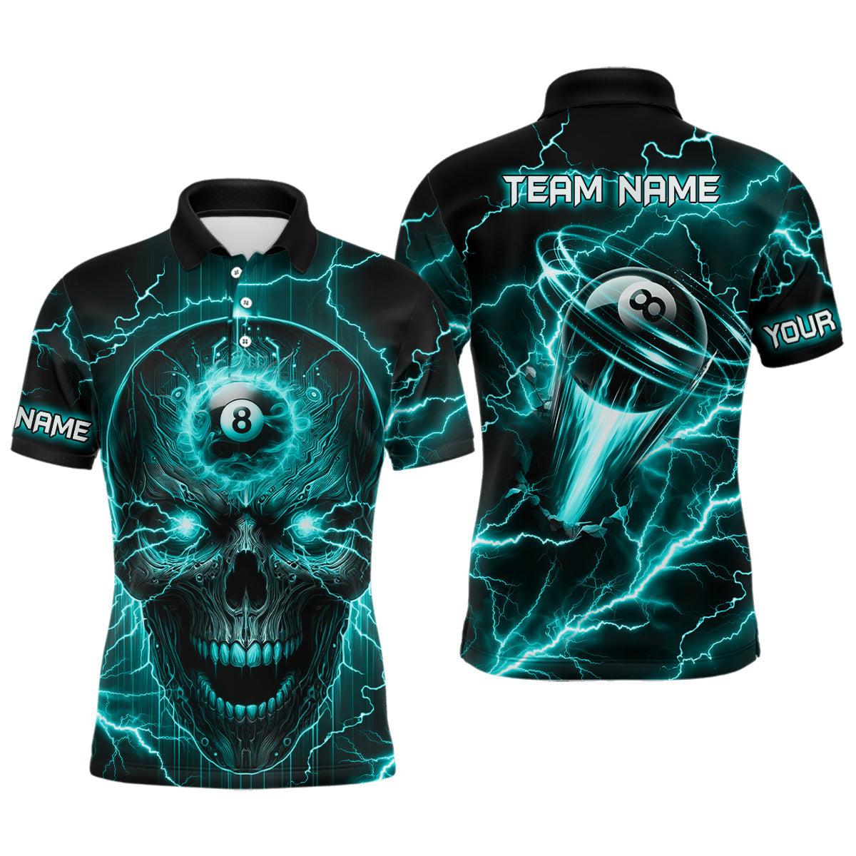 Personalised Turquoise Billiards Polo Shirt for Men - Custom Name 8 Ball T1533