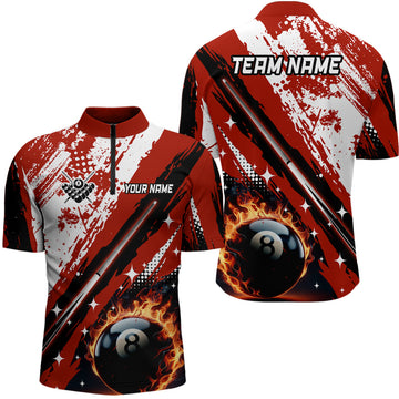 Men's Red Billiard Cue 8 Ball Pool Quarter-Zip Shirt T1040