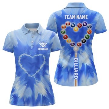 Personalised Blue Tie Dye Heart Billiards Women's Polo Shirt T1361