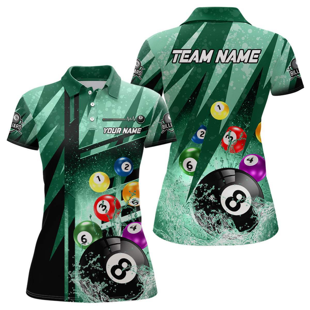 Custom 3D Green Polo Shirt for Women - Billiards Theme T0481