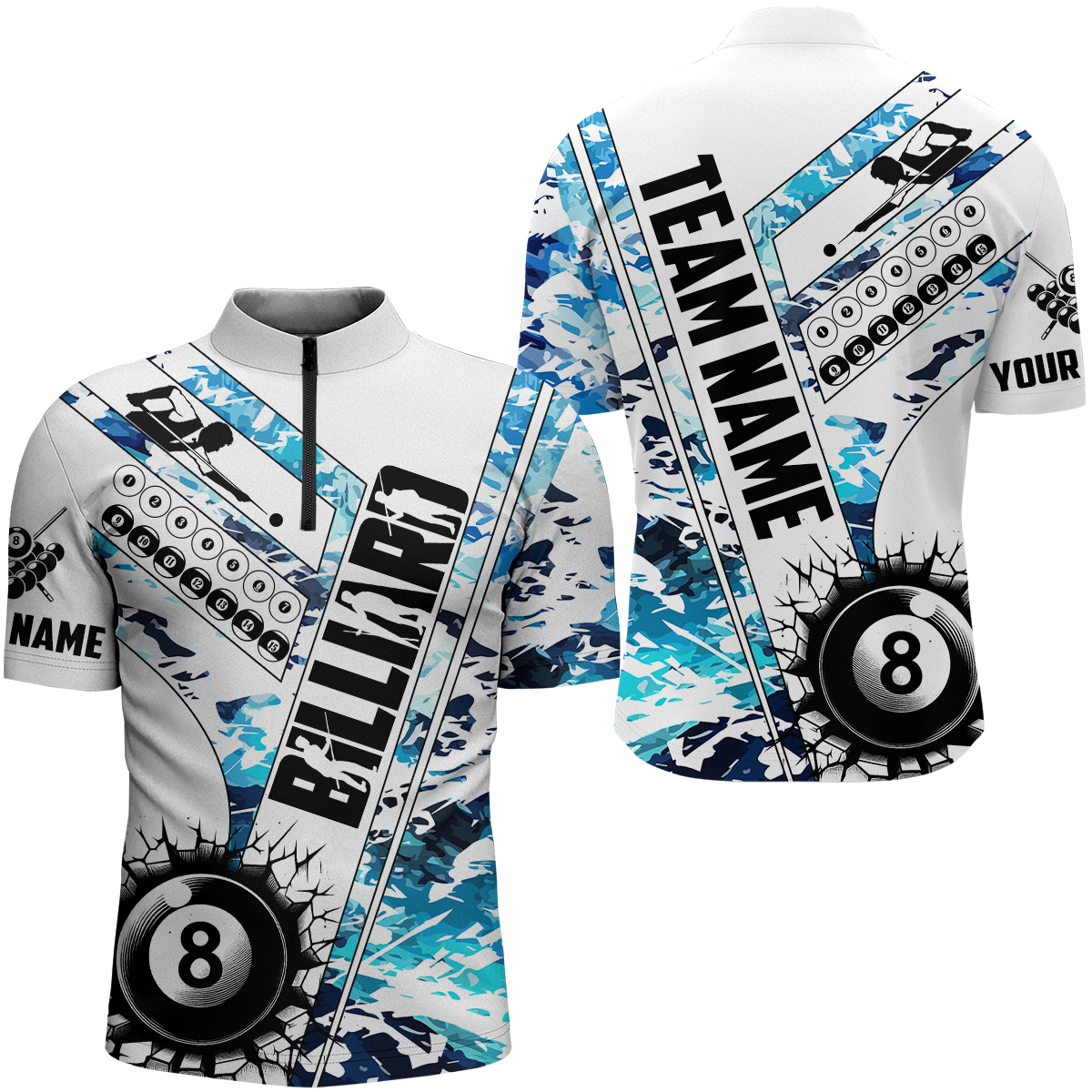 Men's Camo Blue 8 Ball Pool Quarter-Zip Shirt T0950