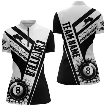 Women's Black & White Billiard 8 Ball Quarter-Zip Shirt T0954