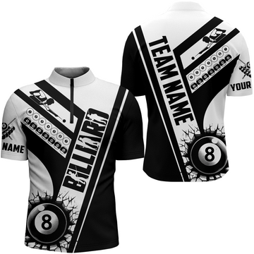 Men's Black & White Billiard 8 Ball Quarter-Zip Shirt T0954